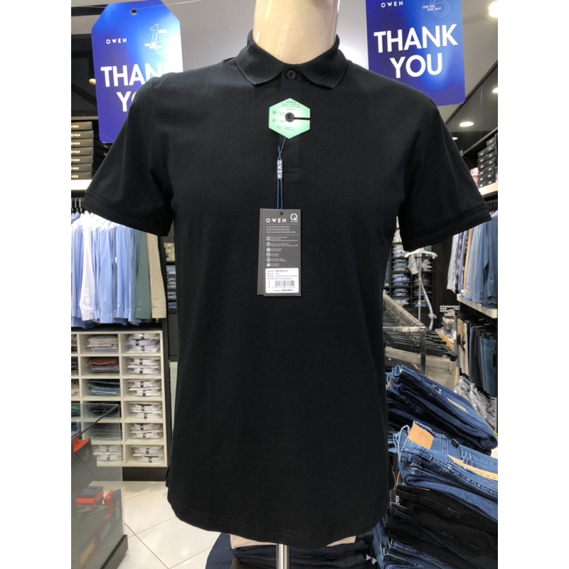Áo polo owen màu đen body fit vải cotton bạc hà APV231317