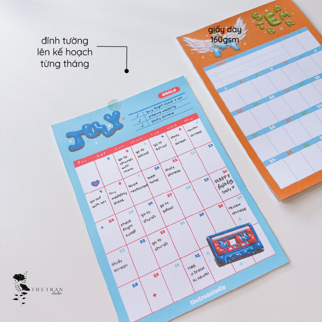 Bộ 12 tờ lịch kế hoạch hàng ngày 12 tháng dùng cho tất cả các năm A5, A6 / fantasy calendar / thetranstudio