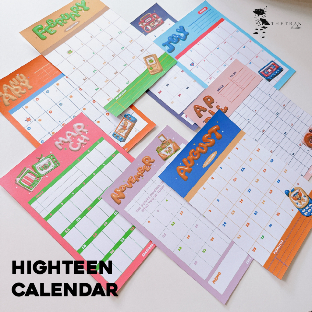 Bộ 12 tờ lịch kế hoạch hàng ngày 12 tháng dùng cho tất cả các năm A5, A6 / fantasy calendar / thetranstudio