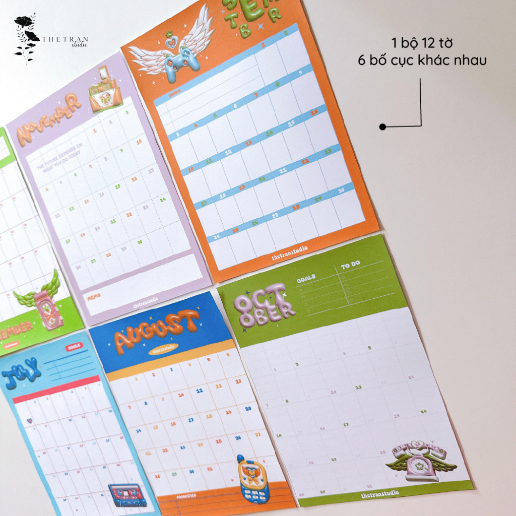 Bộ 12 tờ lịch kế hoạch hàng ngày 12 tháng dùng cho tất cả các năm A5, A6 / fantasy calendar / thetranstudio