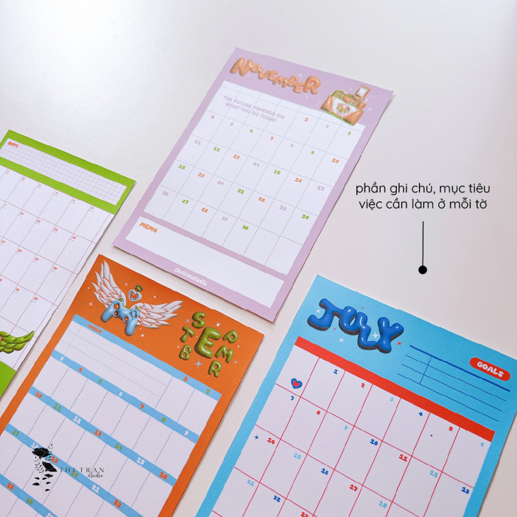 Bộ 12 tờ lịch kế hoạch hàng ngày 12 tháng dùng cho tất cả các năm A5, A6 / fantasy calendar / thetranstudio