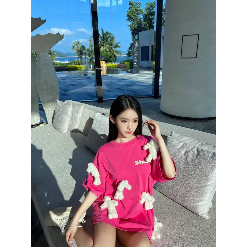 Áo phông 13de marzo đính nhiều gấu bông lưng chữ lông