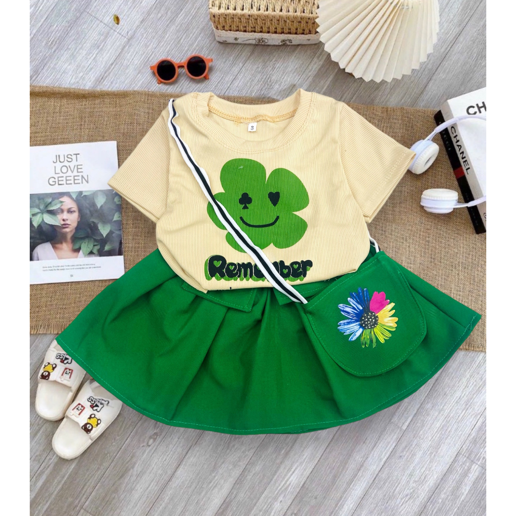 Set áo vải gân tăm in hình + Váy  vải Cotton lạnh kèm túi đeo cho bé gái mặc đi học, đi chơi