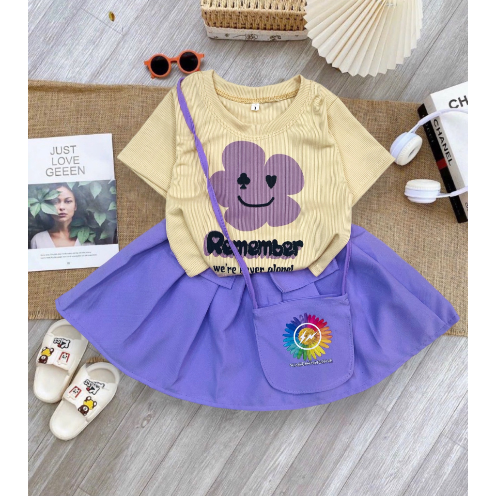 Set áo vải gân tăm in hình + Váy  vải Cotton lạnh kèm túi đeo cho bé gái mặc đi học, đi chơi