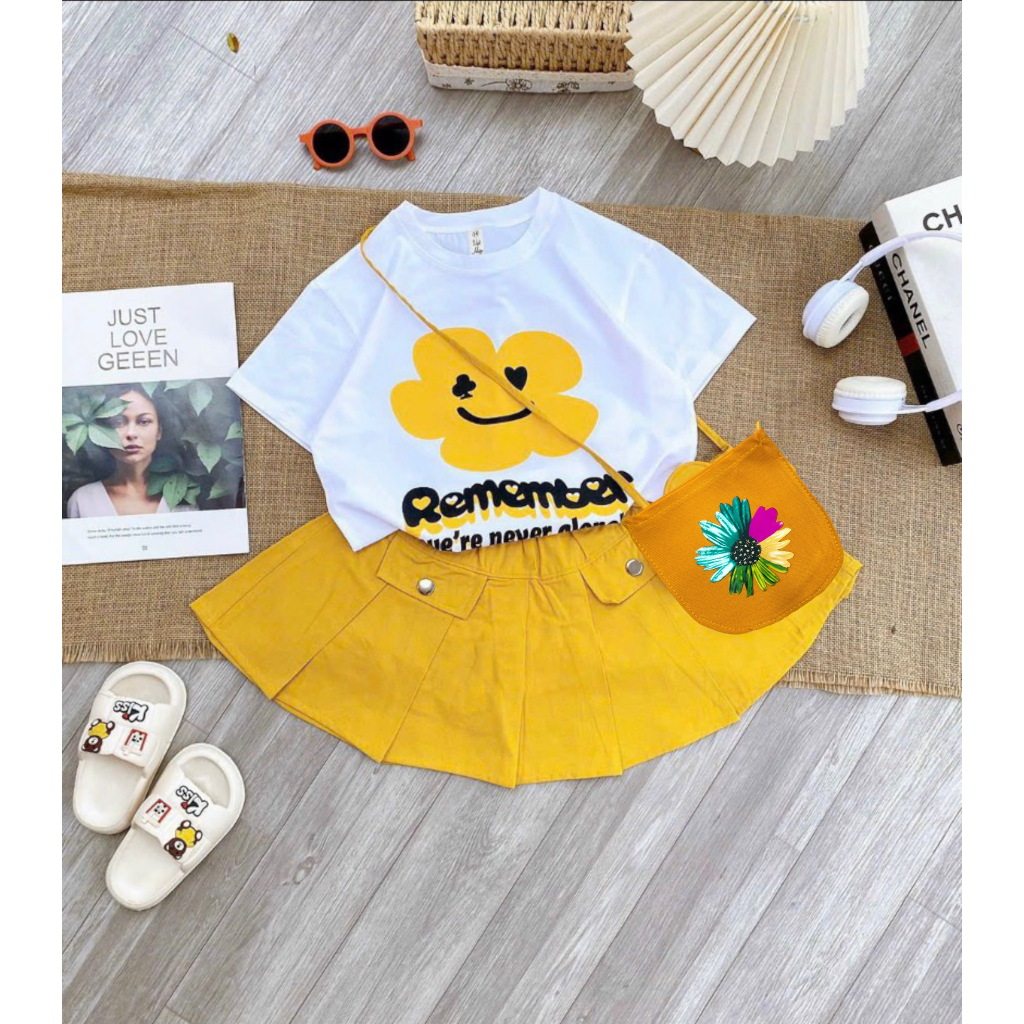Set áo vải gân tăm in hình + Váy  vải Cotton lạnh kèm túi đeo cho bé gái mặc đi học, đi chơi