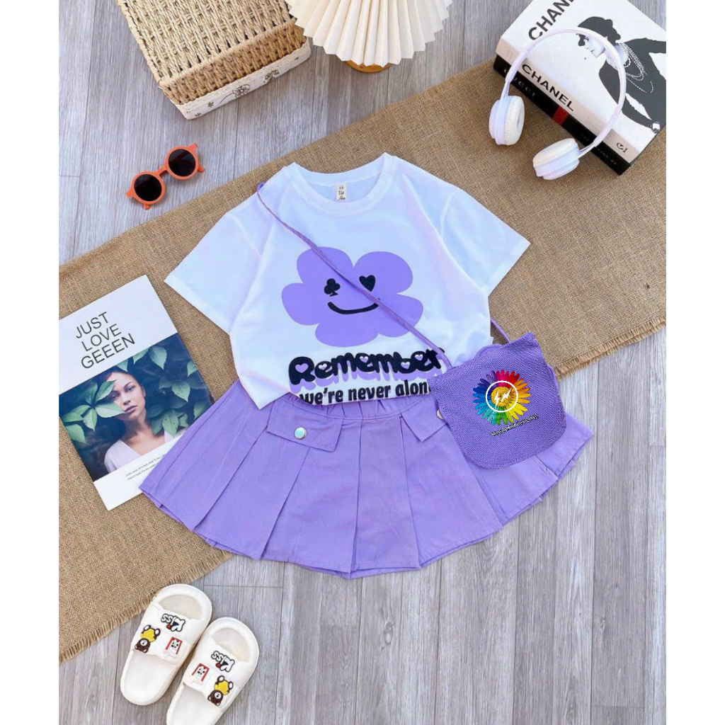 Set áo vải gân tăm in hình + Váy  vải Cotton lạnh kèm túi đeo cho bé gái mặc đi học, đi chơi