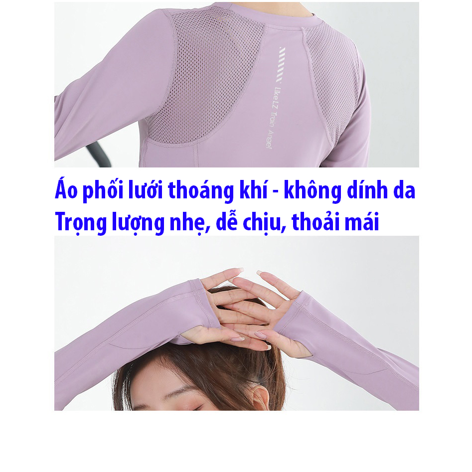 Áo thun dài tay tập Gym Yoga nữ phối lưới nhẹ nhàng, mềm mịn, thoáng mát, áo thể thao nữ dài tay chạy bộ, đạp xe