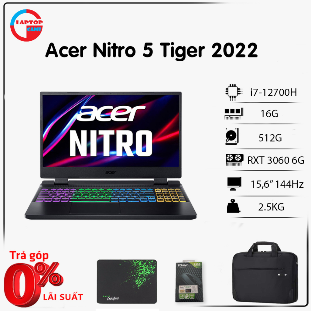 New REF - Laptop Acer Nitro 5 Tiger 2022 AN515-58 (Core i7 - 12700H, 16GB, 512GB, RTX 3060, 15.6" FHD IPS 144Hz)