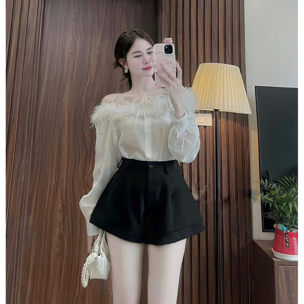 Áo Sơ Mi Trễ Vai Phối Lông Tiểu Thư Sang Chảnh