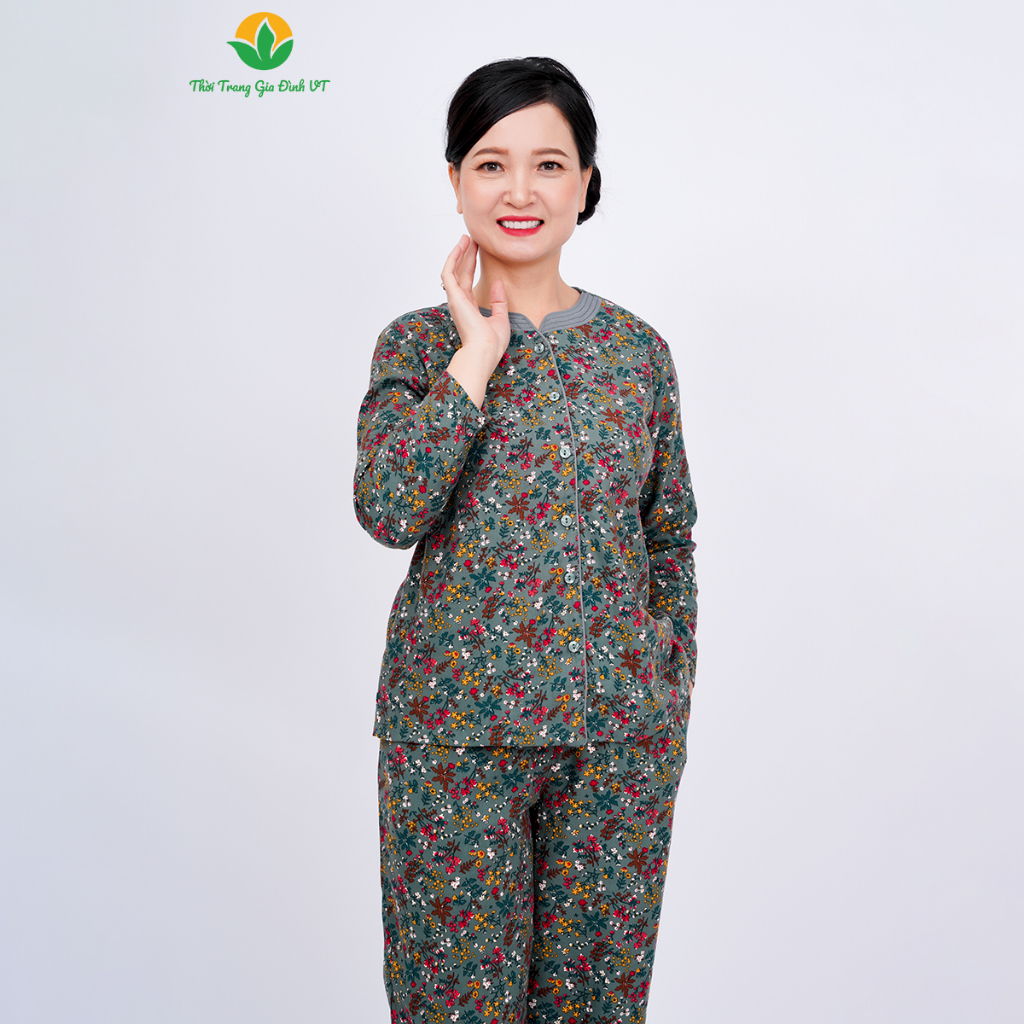 Đồ bộ trung niên thu đông dài tay cho mẹ và cho bà, bộ bà già chất cotton cổ chéo tàu thời trang Việt Thắng - B50.2324