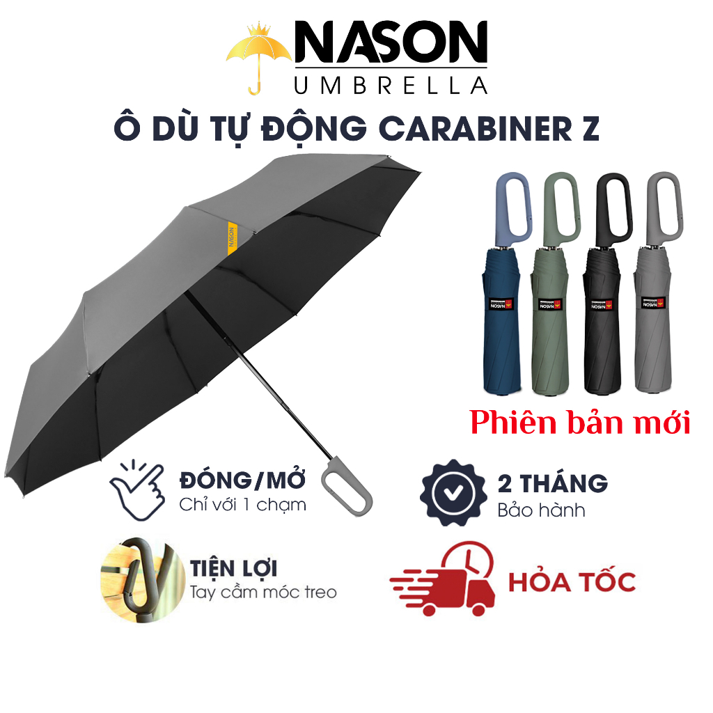 Ô đi mưa gấp 3 tay cầm móc treo độc đáo Carabiner Z, siêu tiện lợi Vải siêu chống thấm nước Tay cầm nhựa cao cấp