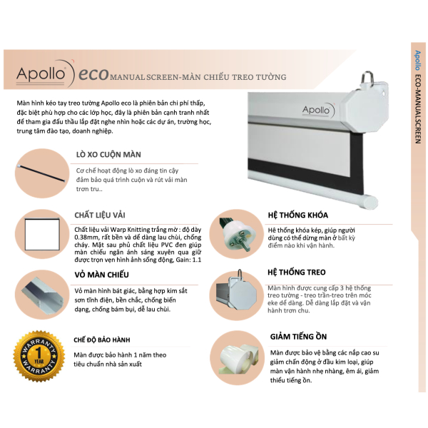 Màn hình máy chiếu treo tường kéo tay Apollo 92" tỷ lệ 16:9 thích hợp dành cho lớp học, văn phòng bảo hành 12 tháng