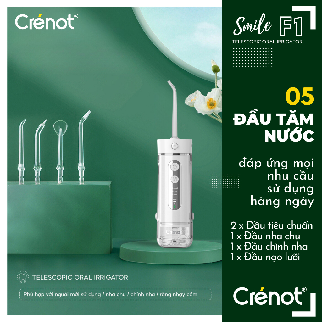 Máy tăm nước cầm tay mini UNIQ x CRENOT Smile F1 vệ sinh răng miệng xịt rửa làm sạch kẽ răng niềng kèm cạo lưỡi Waterpik