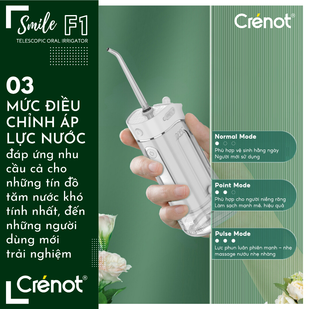 Máy tăm nước cầm tay mini UNIQ x CRENOT Smile F1 vệ sinh răng miệng xịt rửa làm sạch kẽ răng niềng kèm cạo lưỡi Waterpik