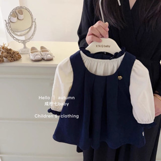   Hàng Order QC  Set Váy Yếm Nhung + Áo Cotton Dài Tay Cổ Xếp Ly Bèo Phong Cách Hàn Quốc Thu Đông - Lyna Kids 