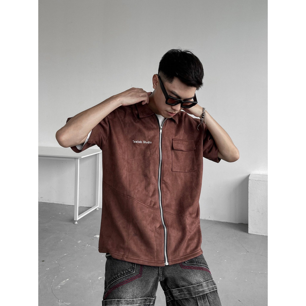 Áo Sơ Mi Da Lộn Zip Up Ngắn Tay Teelab Local Brand Unisex Shirt SS051