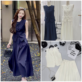 [Ảnh Thật]: Set Áo Gile Khuy Bọc + CV Xếp Ly Dáng Dài 2 Màu (LOLLA -YE-FASHION)