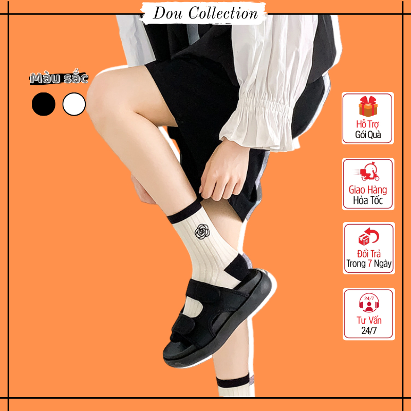 Vớ tất unisex nam nữ cổ cao cotton dày dặn họa tiết trơn phối hoa hồng thêu ở cổ basic thời trang xuân hè - Mã TV080