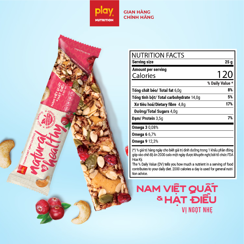 Hộp 6 thanh hạt dinh dưỡng PLAY Natural Healthy mix 3 vị