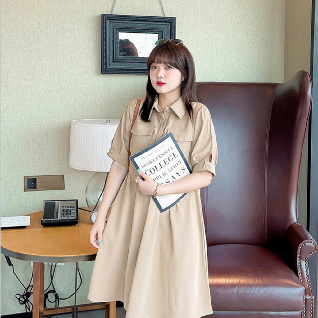 Đầm bigsize nữ, Phong cách công sở chiết eo có túi 2 bên tay áo bồng dáng xòe dành cho nàng mũm mĩm 58-95kg DAM1