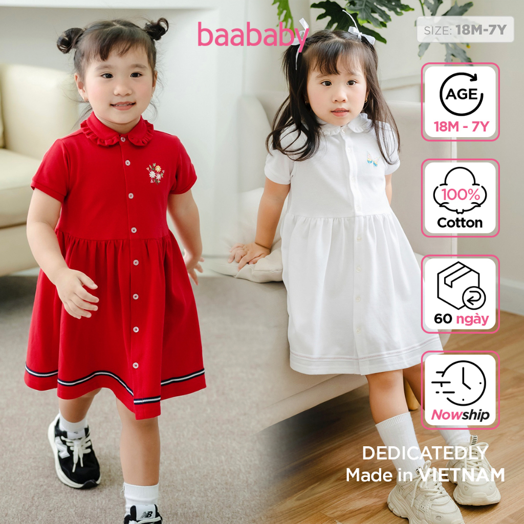 Đầm bé gái, đầm váy polo cho bé gái, váy bé gái cotton thêu họa tiết từ 1 tuổi - 7 tuổi Baa Baby - B-GT-AD04N-06