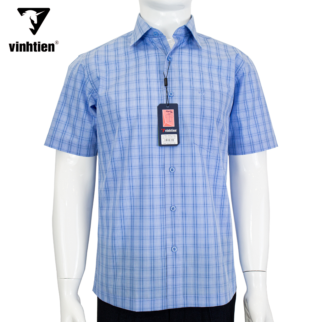 Áo Sơ Mi Nam Tay Ngắn Sọc Caro Vĩnh Tiến Dáng Regular Vạt Ngang 350 - G394