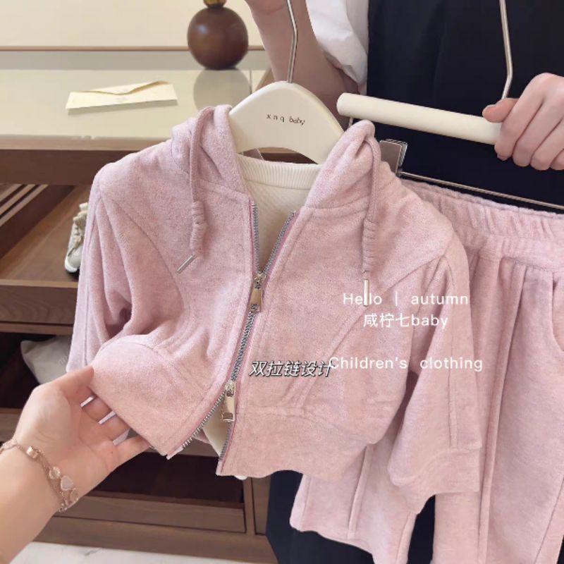 Sét áo khoác hoodie khoá kéo kèm quần nỉ thu đông cho bé gái 2-10 tuổi