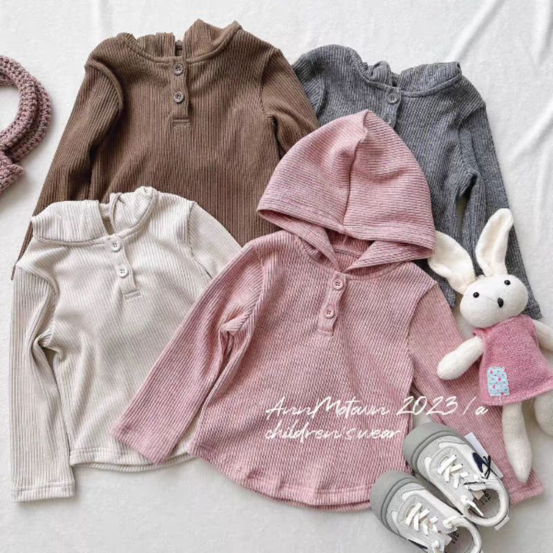 Áo hoodie trơn len gân có mũ trùm màu hồng điệu đà cho bé gái 2-10 tuổi