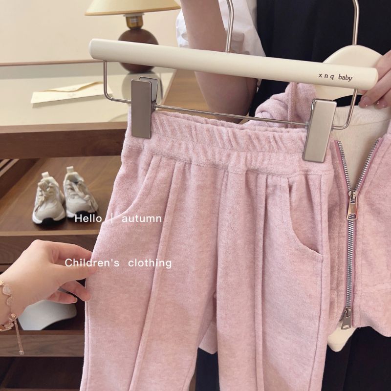 Sét áo khoác hoodie khoá kéo kèm quần nỉ thu đông cho bé gái 2-10 tuổi