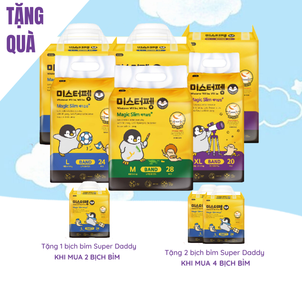 Combo 4 bịch Bỉm tã dán quần SUPER DADDY Magic Slim cao cấp Hàn Quốc Full