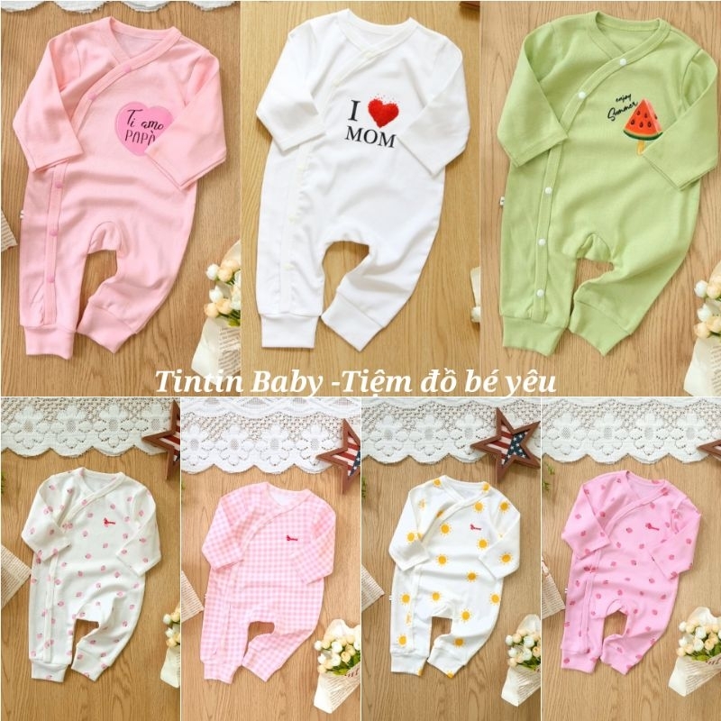 Bodysuit dài tay liền thân cúc chéo cho bé sơ sinh 3-10kg