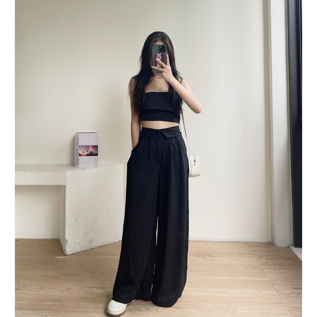 Set quần ống rộng áo croptop thắt dây nơ sau lưng Miho house
