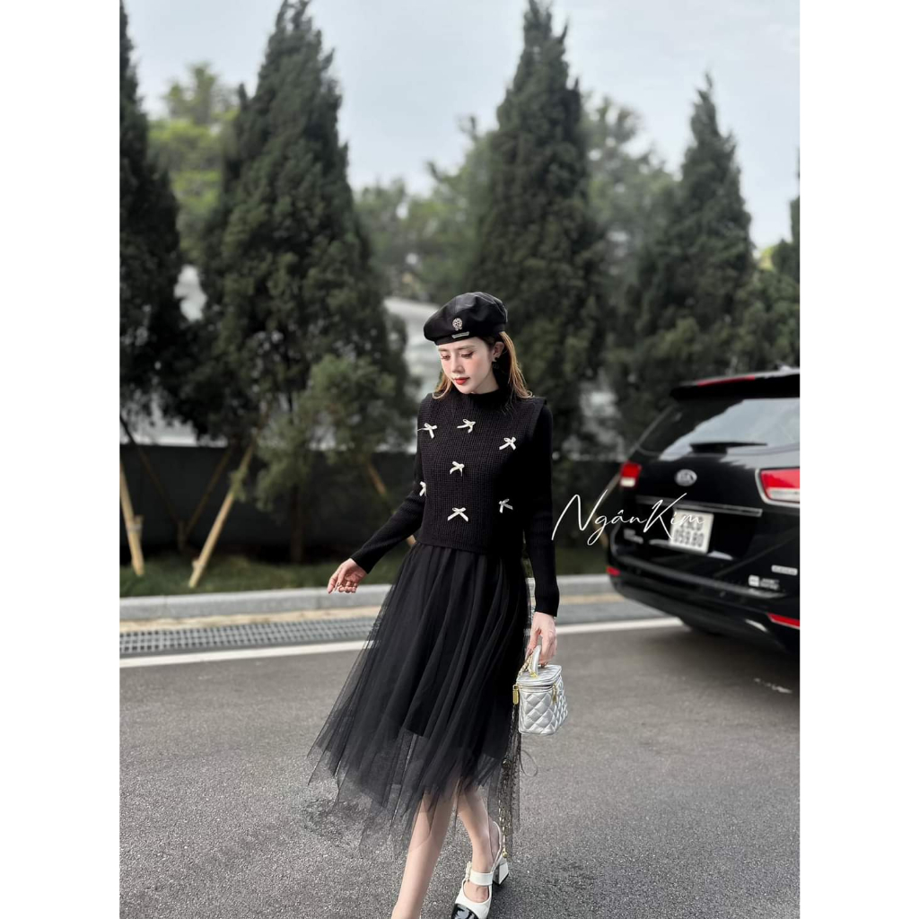 Set váy len chân voan áo gile đính nơ hàng QC