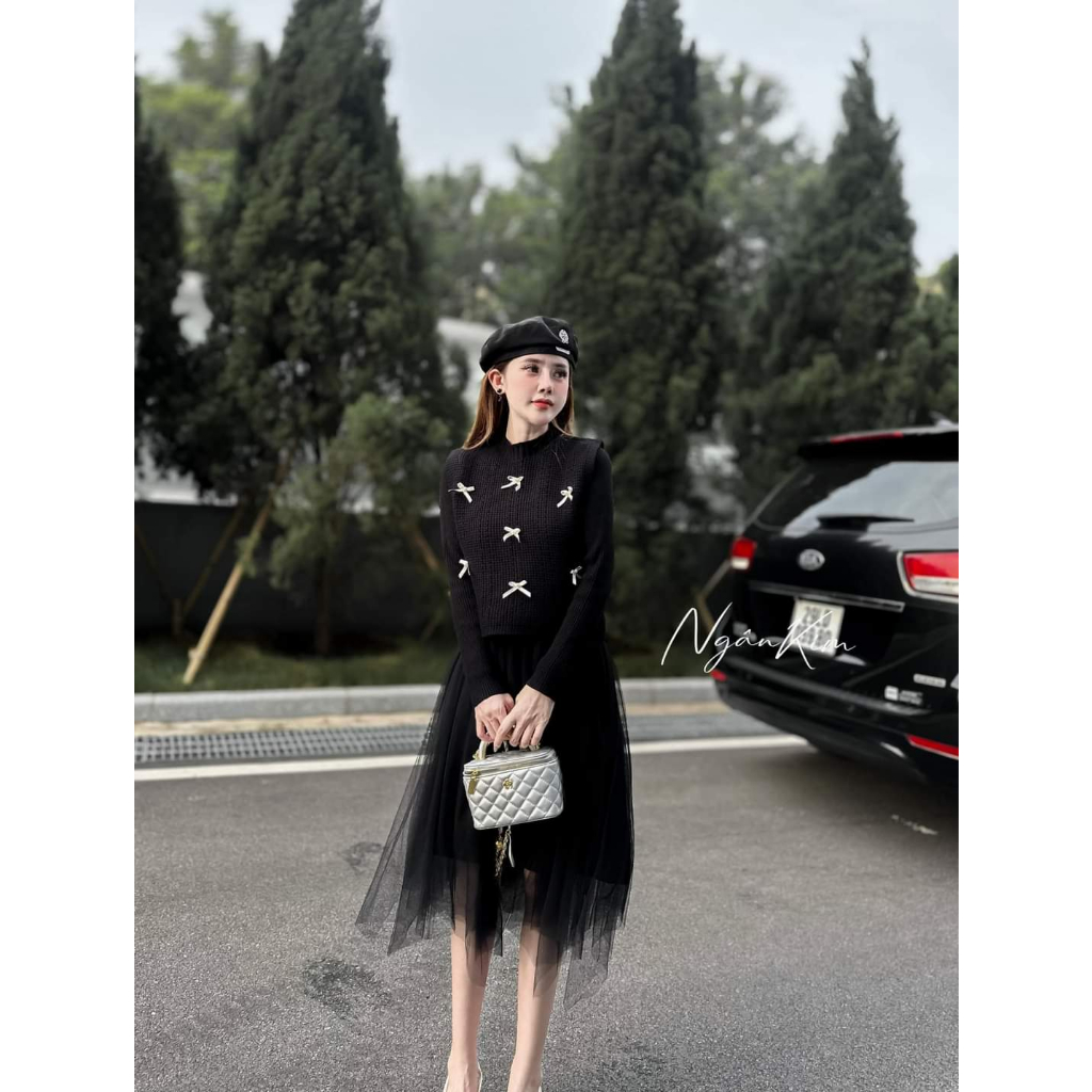 Set váy len chân voan áo gile đính nơ hàng QC