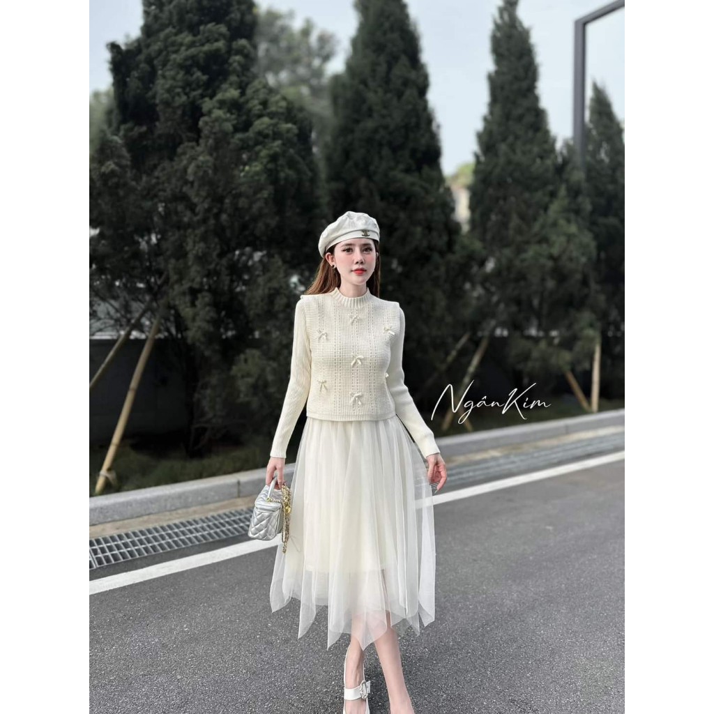Set váy len chân voan áo gile đính nơ hàng QC