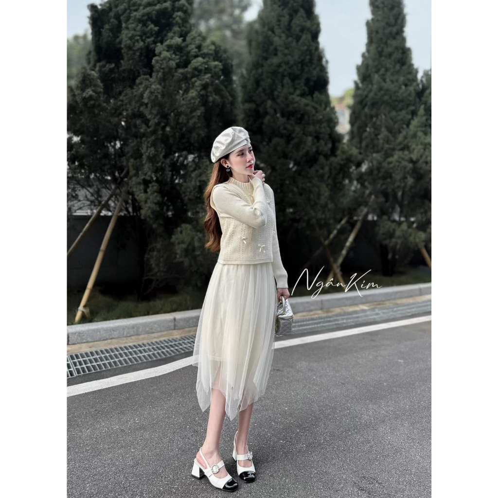 Set váy len chân voan áo gile đính nơ hàng QC