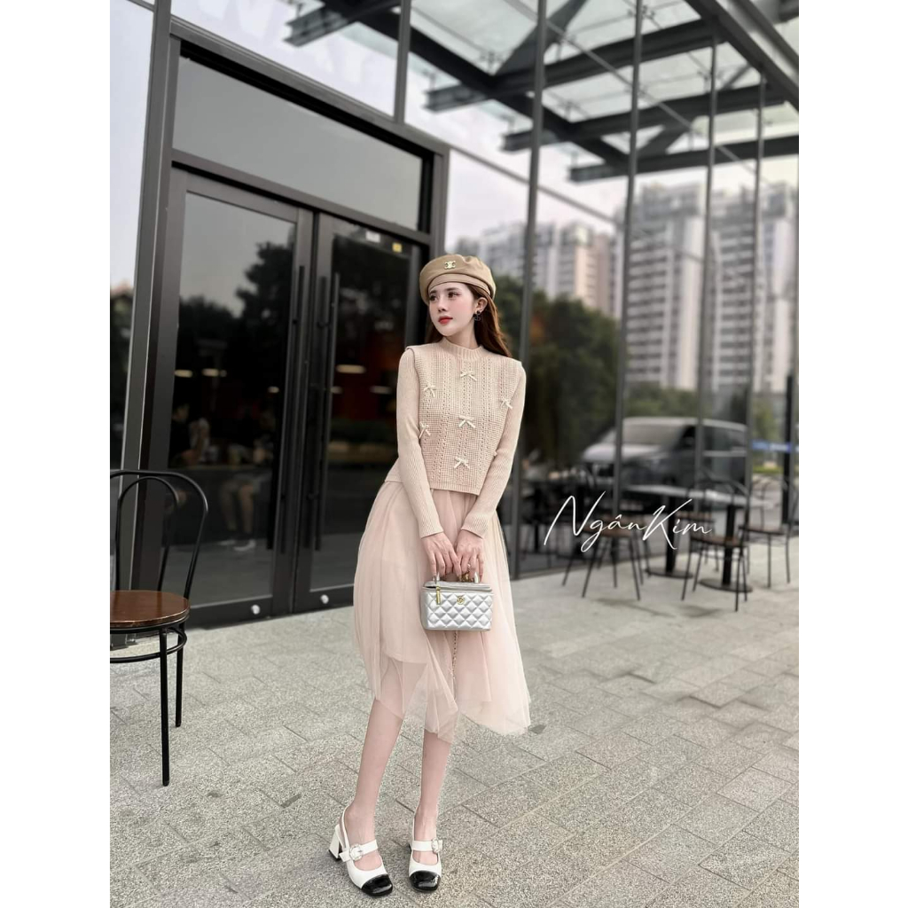 Set váy len chân voan áo gile đính nơ hàng QC