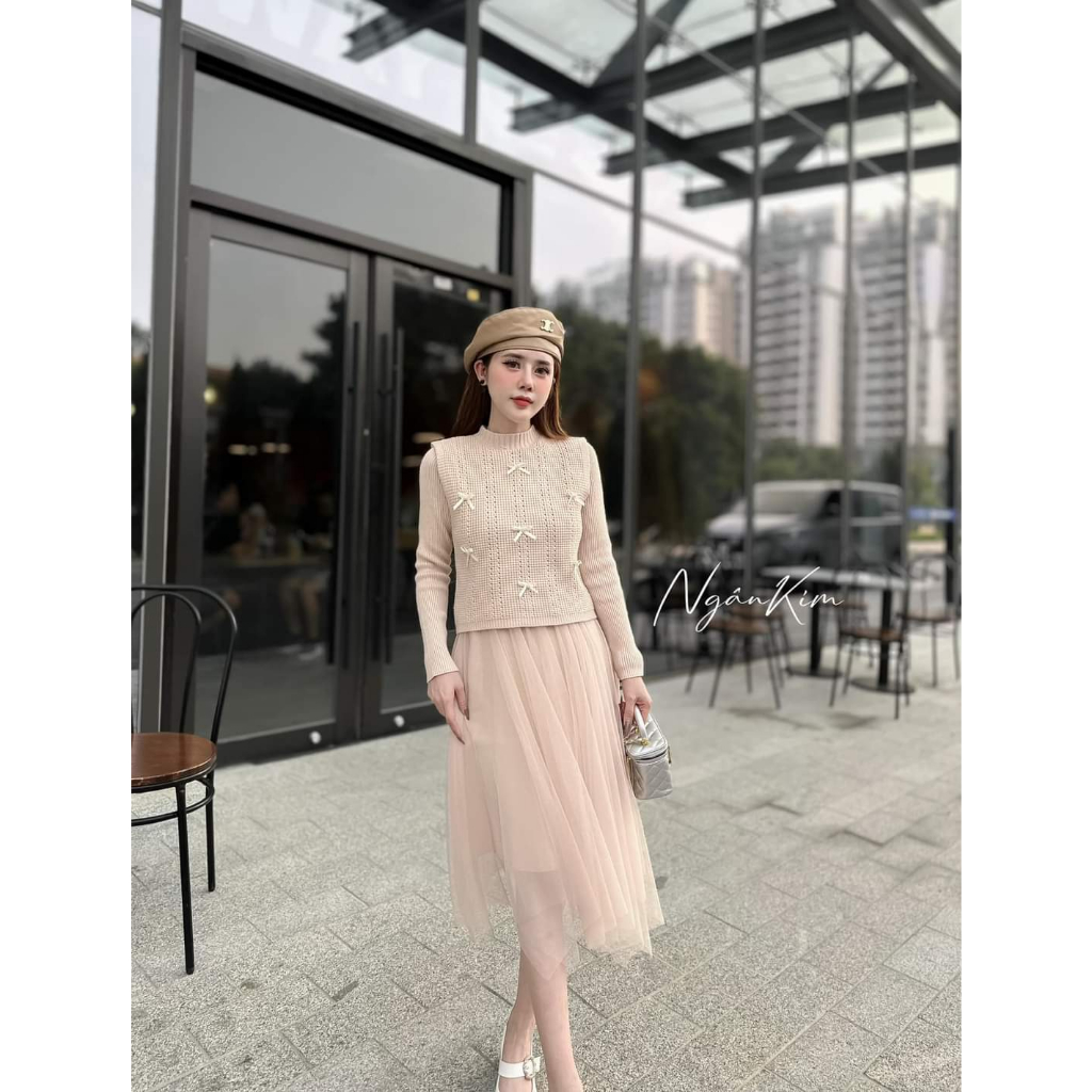 Set váy len chân voan áo gile đính nơ hàng QC