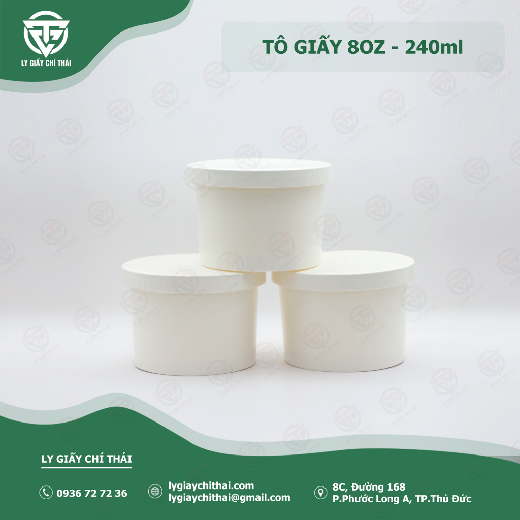SET 50 Tô Giấy 8oz 240ml kèm nắp, đựng đồ ăn vặt, kem, soup, canh, bánh v.v..