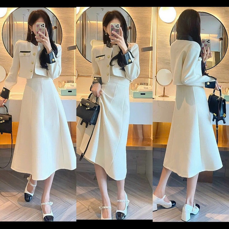 SET CROP TAY DÀI DẠ + CHÂN VÁY MIDI