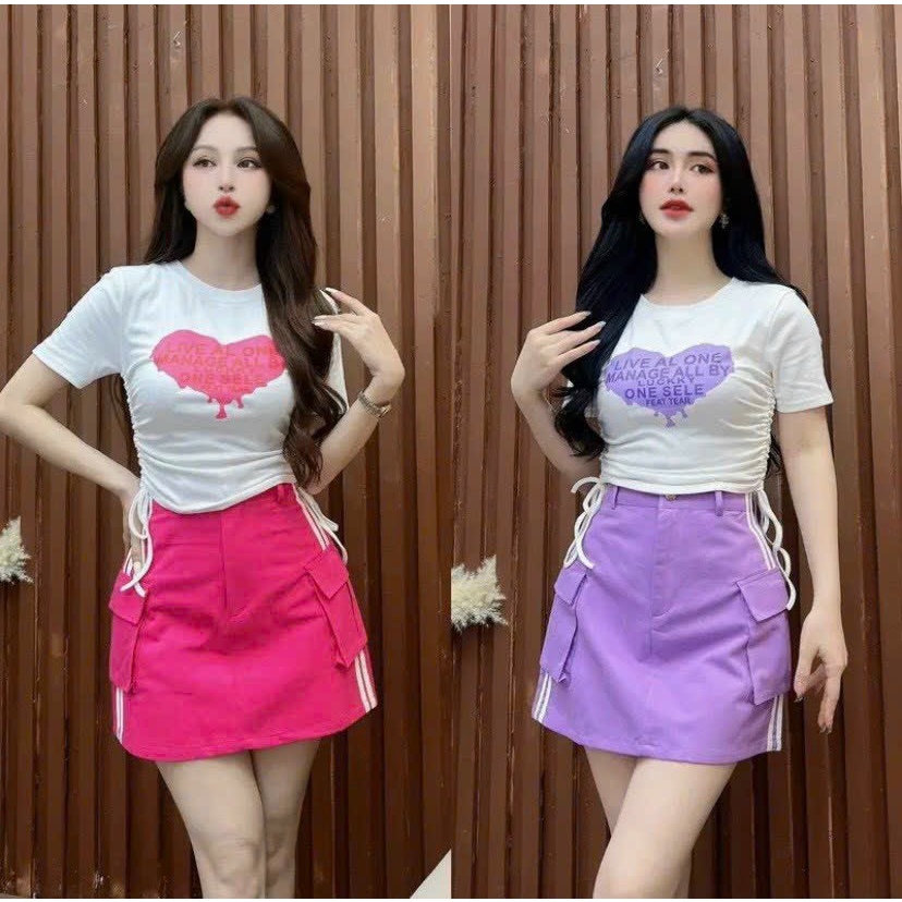 Sét đồ nữ áo rút dây 2 bên nhún eo sang chảnh họa tiết in hình xinh xắn mix chân váy ( có lót ) tôn dáng