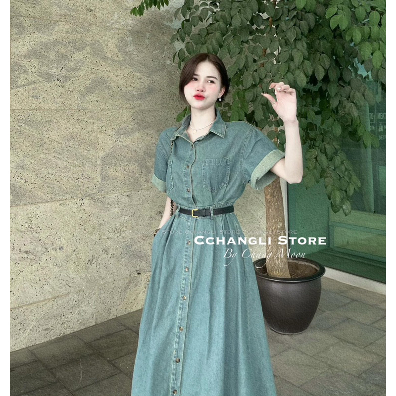 Đầm jean bò dáng dài Quảng Châu kèm đai