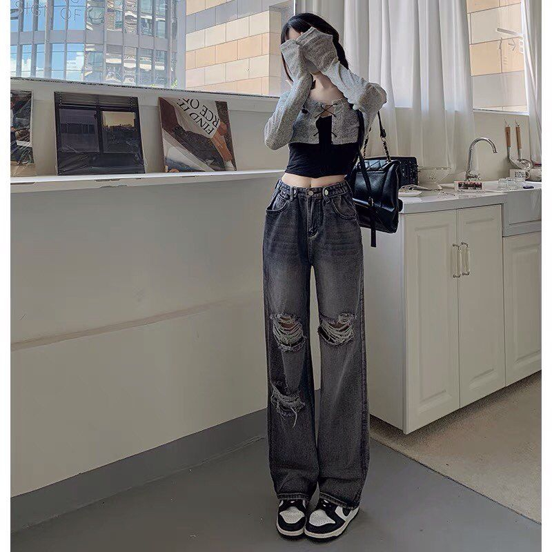 Quần ống rộng rách màu xám khói cạp cao 3 khuy phong cách mới, Quần jeans ống suông unisex trẻ trung năng động - WIN