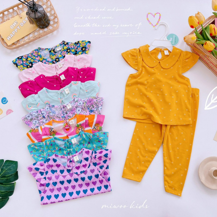 Bộ Cotton Quần Dài Áo Cổ Sen Họa Tiết Đáng Yêu Cho Bé Gái [7-18Kg]