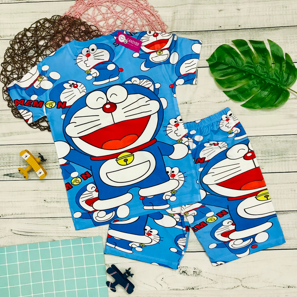 Đồ Bộ thun lạnh cho bé, đồ bộ cộc tay cho bé trai in hình Doremon size đại cho bé từ 10 - 60kg