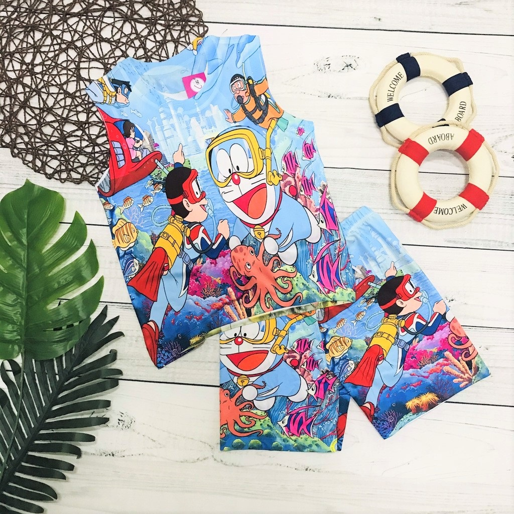 Đồ Bộ thun lạnh cho bé, đồ bộ cộc tay cho bé trai in hình Doremon size đại cho bé từ 10 - 60kg