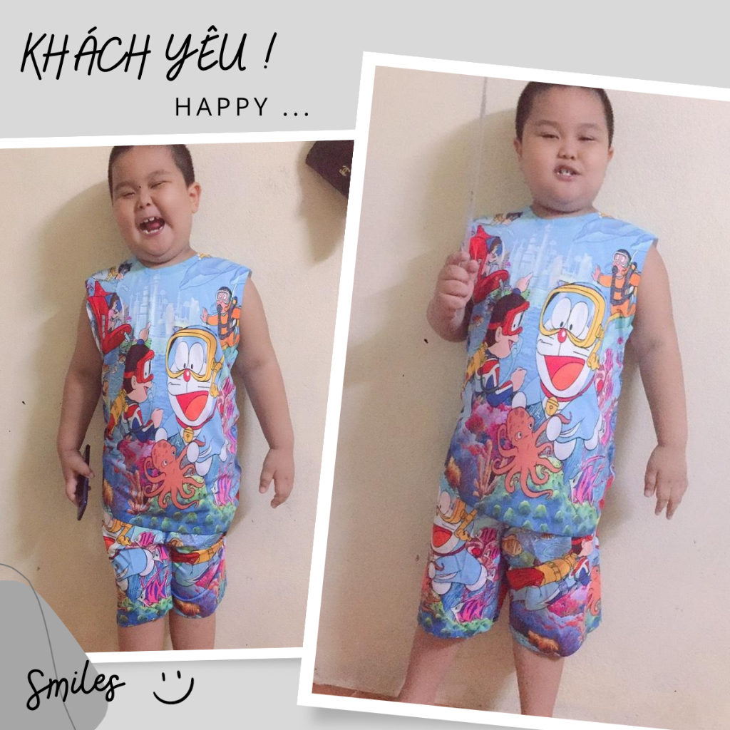 Đồ Bộ thun lạnh cho bé, đồ bộ cộc tay cho bé trai in hình Doremon size đại cho bé từ 10 - 60kg