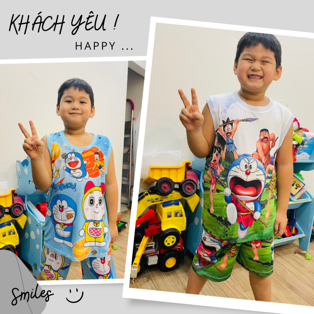 Đồ Bộ thun lạnh cho bé, đồ bộ cộc tay cho bé trai in hình Doremon size đại cho bé từ 10 - 60kg