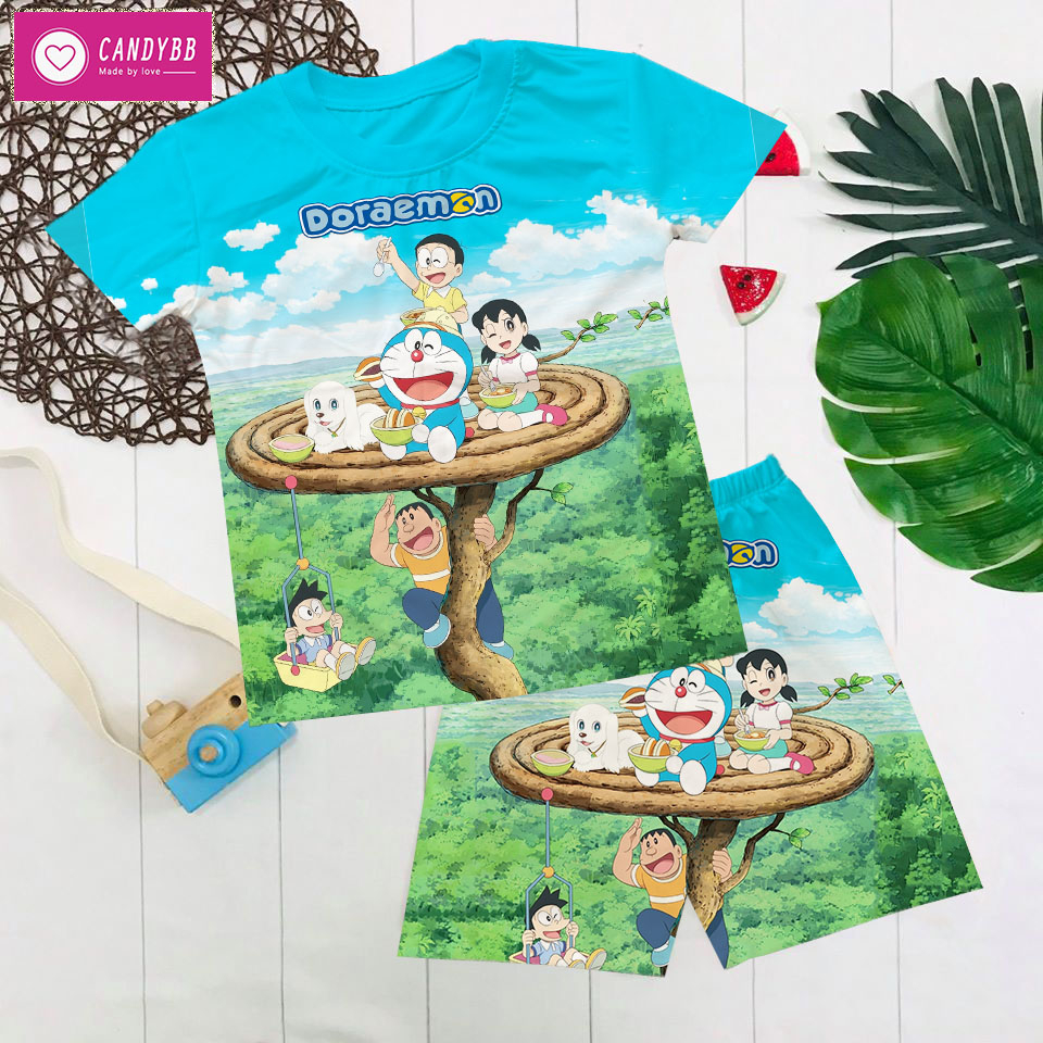 Đồ Bộ thun lạnh cho bé, đồ bộ cộc tay cho bé trai in hình Doremon size đại cho bé từ 10 - 60kg