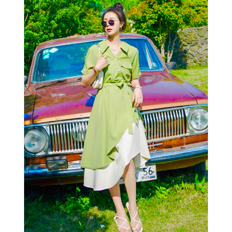 Đầm sơ mi xanh bơ phối trắng túi hộp 2 màu